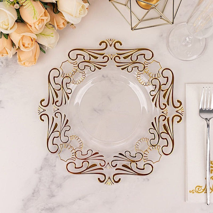 10 Clear Gold Vintage Baroque Plastic Dessert Plates with Scalloped Rim - Disposable Tableware