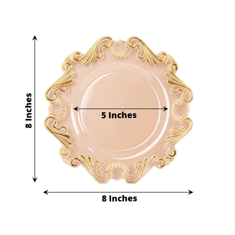 10 Clear Gold Vintage Baroque Plastic Dessert Plates with Scalloped Rim - Disposable Tableware