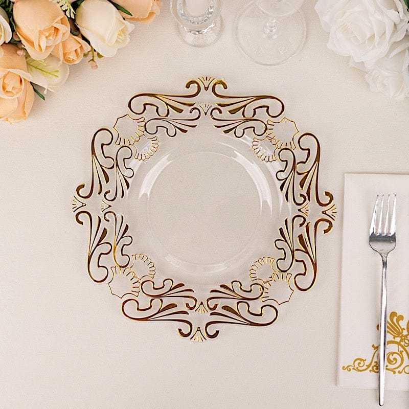 10 Clear Gold Vintage Baroque Plastic Dessert Plates with Scalloped Rim - Disposable Tableware