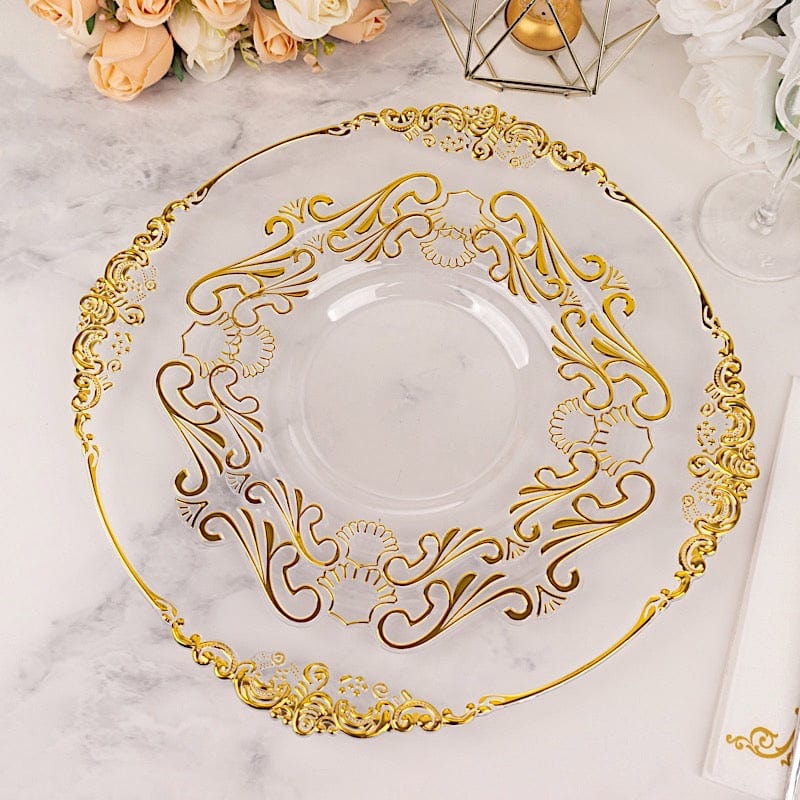 10 Clear Gold Vintage Baroque Plastic Dessert Plates with Scalloped Rim - Disposable Tableware