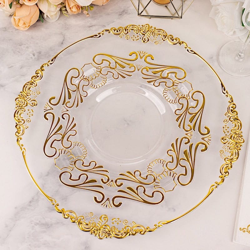 10 Clear Gold Vintage Baroque Plastic Dessert Plates with Scalloped Rim - Disposable Tableware