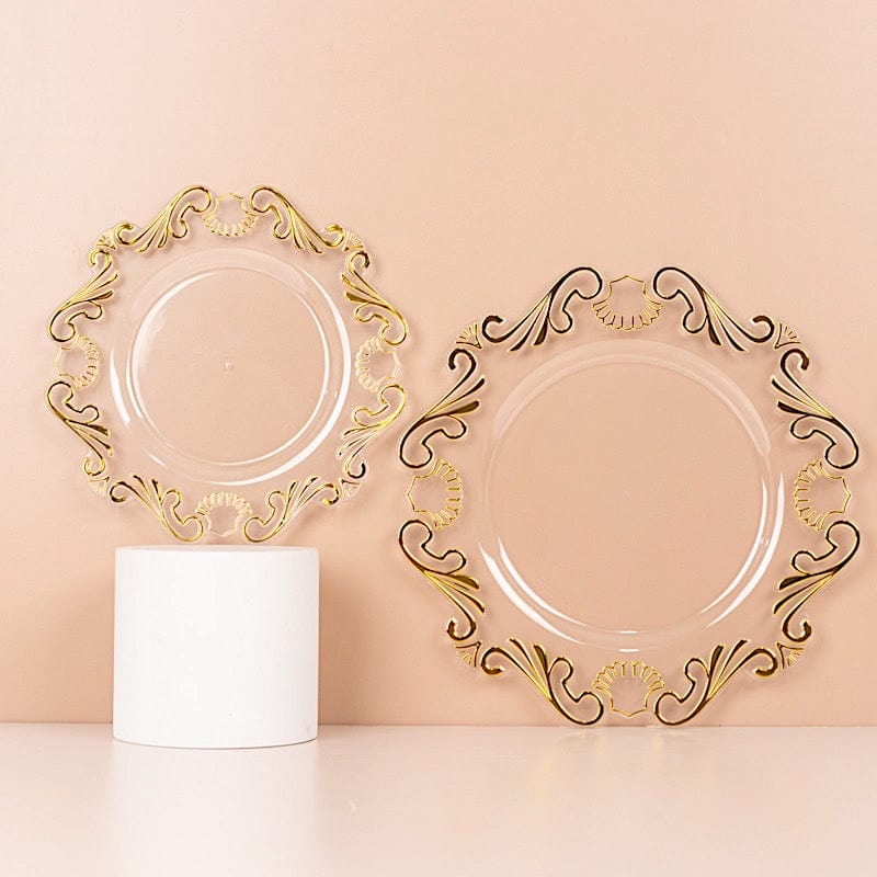 10 Clear Gold Vintage Baroque Plastic Dessert Plates with Scalloped Rim - Disposable Tableware