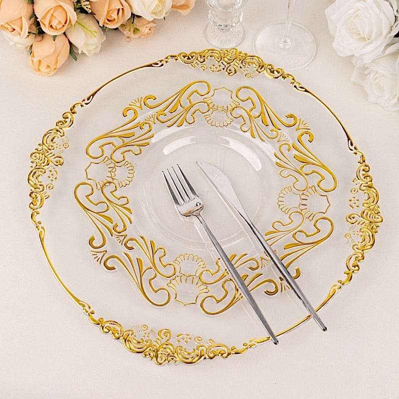 10 Clear Gold Vintage Baroque Plastic Dessert Plates with Scalloped Rim - Disposable Tableware