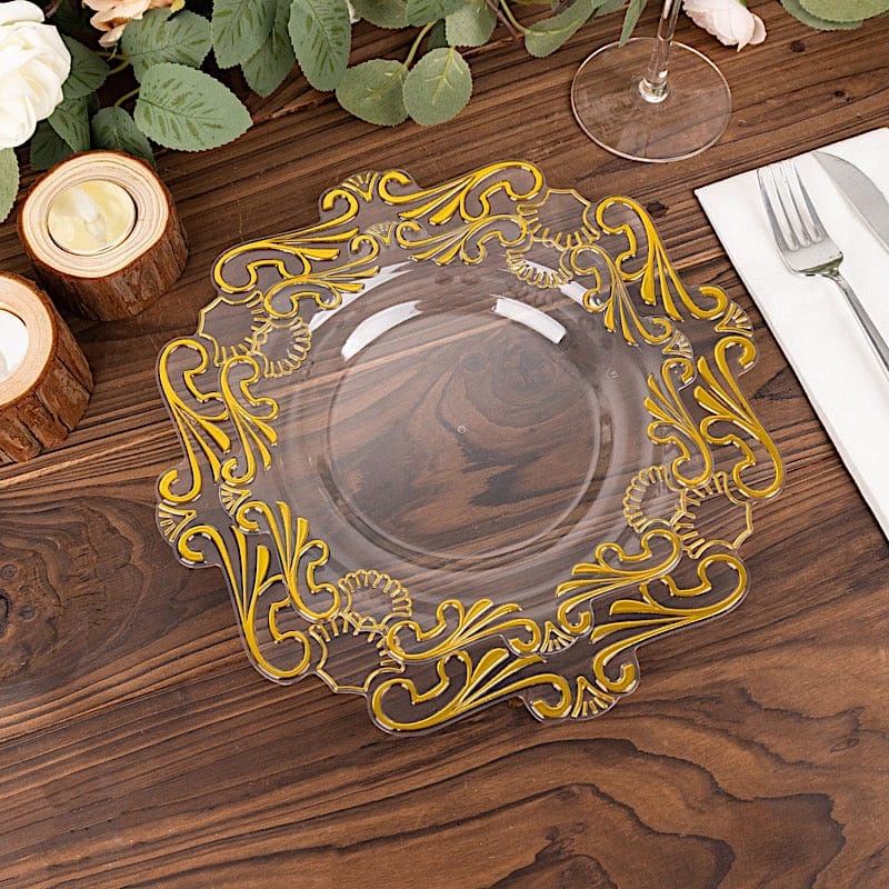 10 Clear Gold Vintage Baroque Plastic Dessert Plates with Scalloped Rim - Disposable Tableware