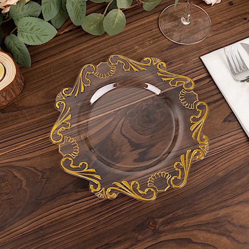 10 Clear Gold Vintage Baroque Plastic Dessert Plates with Scalloped Rim - Disposable Tableware