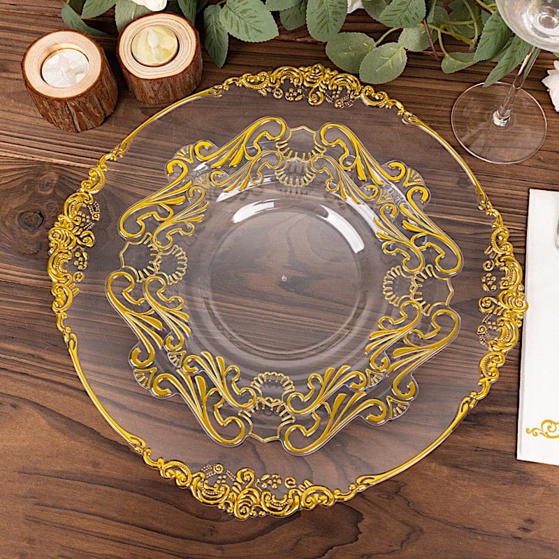 10 Clear Gold Vintage Baroque Plastic Dessert Plates with Scalloped Rim - Disposable Tableware