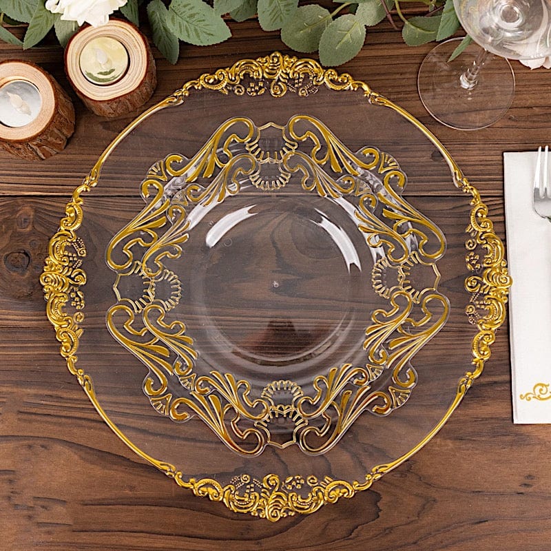 10 Clear Gold Vintage Baroque Plastic Dessert Plates with Scalloped Rim - Disposable Tableware