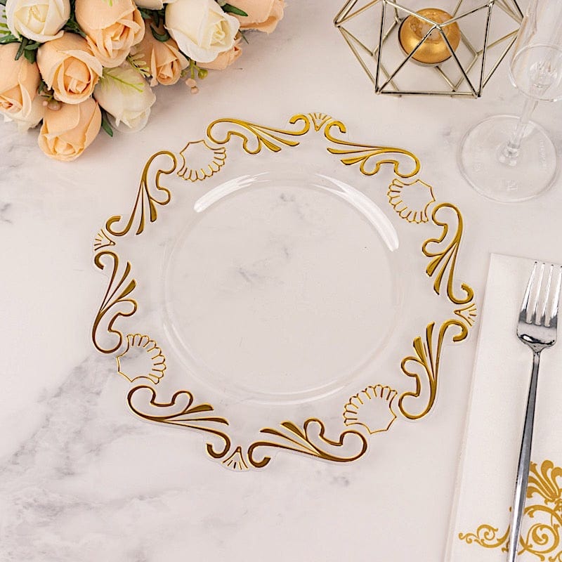 10 Clear Gold Vintage Baroque Plastic Dessert Plates with Scalloped Rim - Disposable Tableware