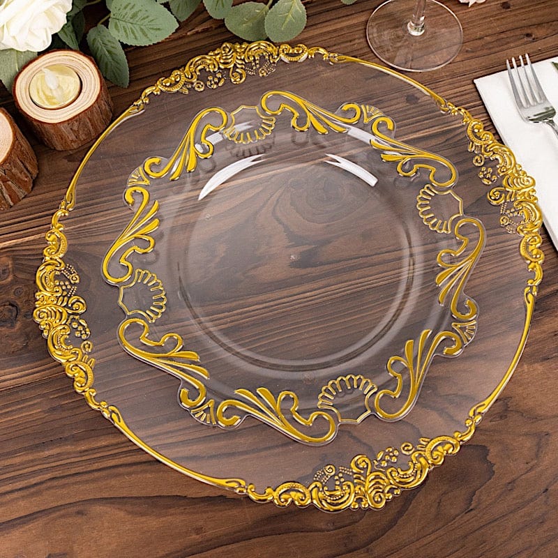 10 Clear Gold Vintage Baroque Plastic Dessert Plates with Scalloped Rim - Disposable Tableware