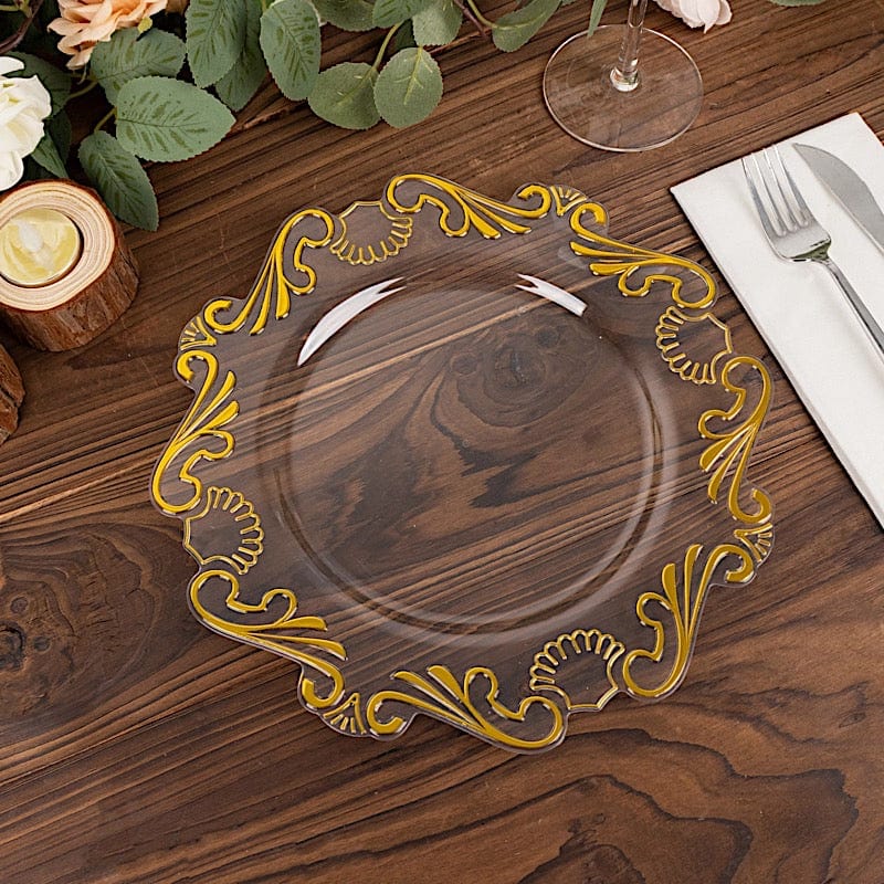 10 Clear Gold Vintage Baroque Plastic Dessert Plates with Scalloped Rim - Disposable Tableware