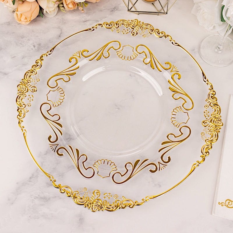 10 Clear Gold Vintage Baroque Plastic Dessert Plates with Scalloped Rim - Disposable Tableware