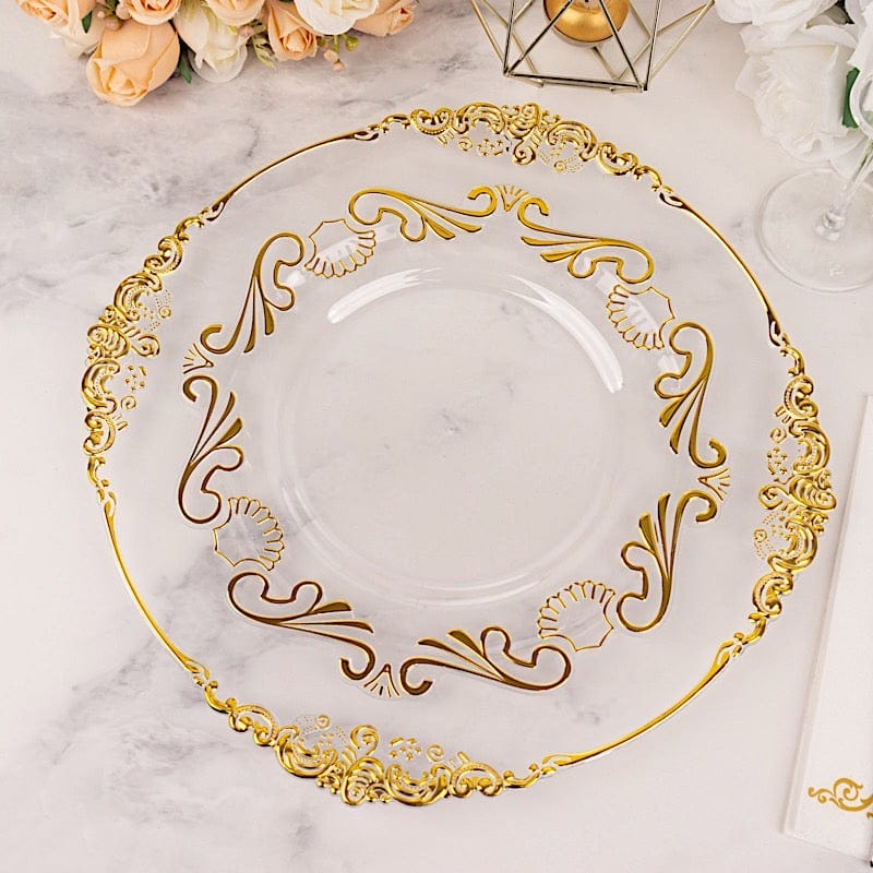 10 Clear Gold Vintage Baroque Plastic Dessert Plates with Scalloped Rim - Disposable Tableware