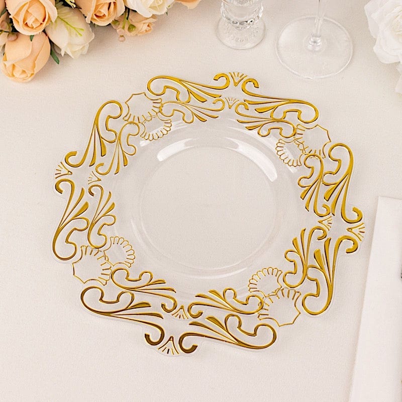 10 Clear Gold Vintage Baroque Plastic Dessert Plates with Scalloped Rim - Disposable Tableware