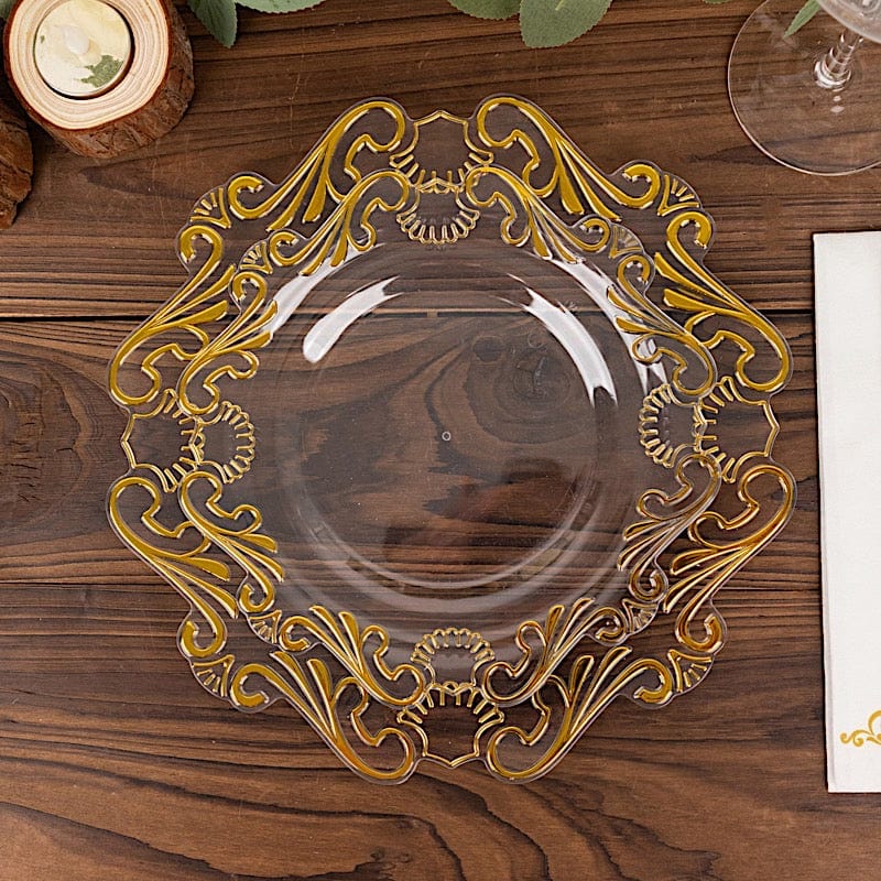 10 Clear Gold Vintage Baroque Plastic Dessert Plates with Scalloped Rim - Disposable Tableware