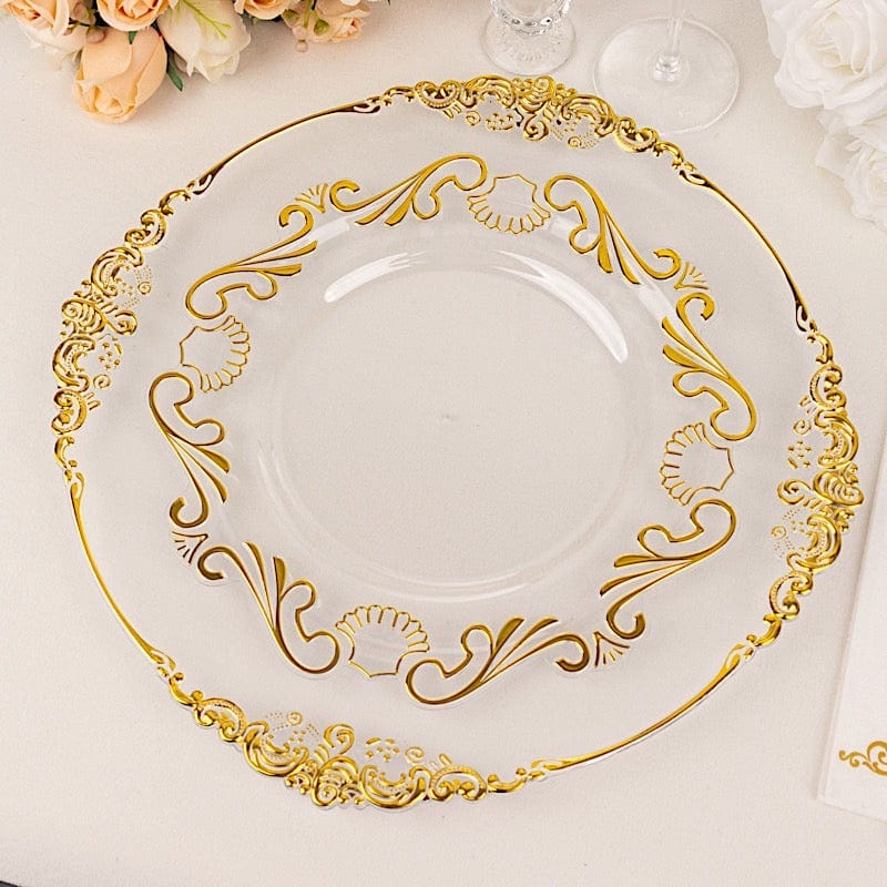 10 Clear Gold Vintage Baroque Plastic Dessert Plates with Scalloped Rim - Disposable Tableware