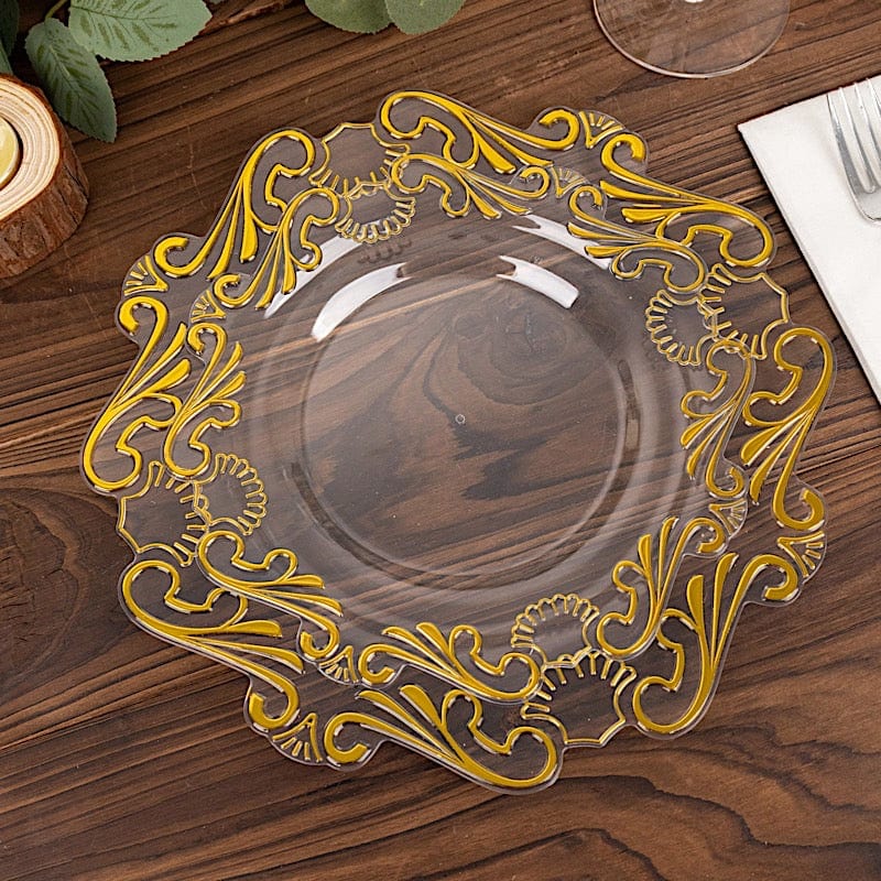 10 Clear Gold Vintage Baroque Plastic Dessert Plates with Scalloped Rim - Disposable Tableware