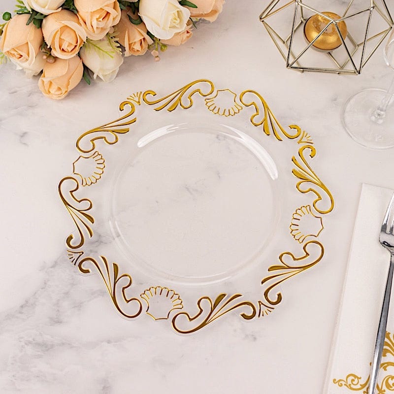 10 Clear Gold Vintage Baroque Plastic Dessert Plates with Scalloped Rim - Disposable Tableware