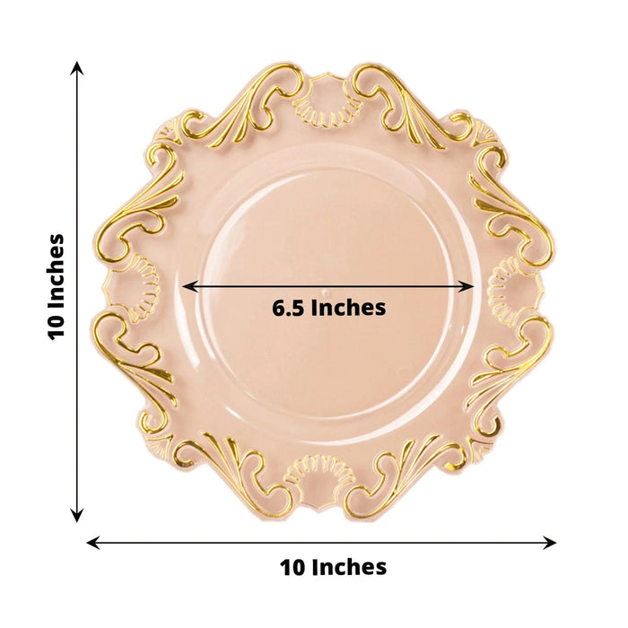 10 Clear Gold Vintage Baroque Plastic Dessert Plates with Scalloped Rim - Disposable Tableware