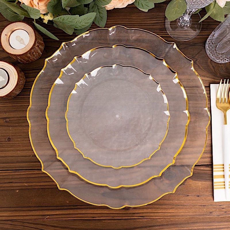 10 Clear Sunflower Plastic Dessert Appetizer Plates with Gold Scalloped Rim