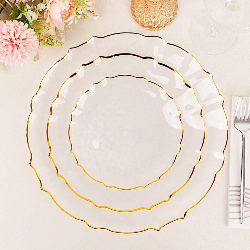 10 Clear Sunflower Plastic Dessert Appetizer Plates with Gold Scalloped Rim