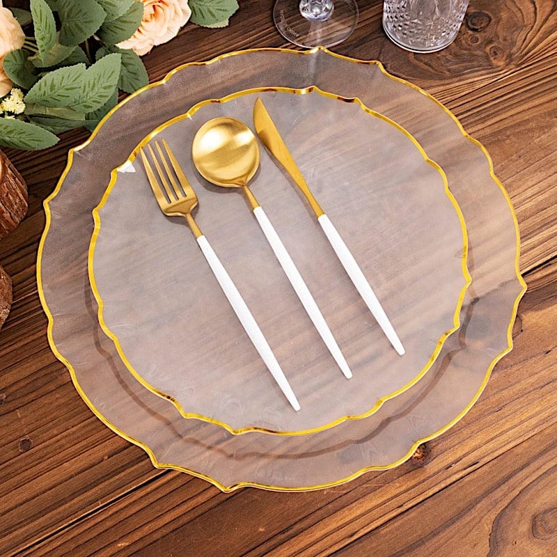 10 Clear Sunflower Plastic Dessert Appetizer Plates with Gold Scalloped Rim