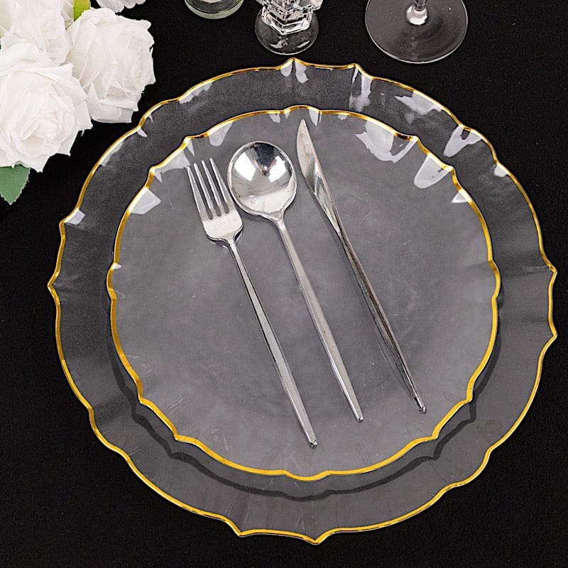 10 Clear Sunflower Plastic Dessert Appetizer Plates with Gold Scalloped Rim