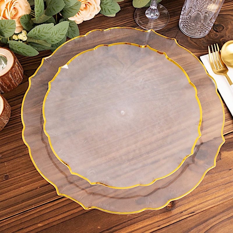 10 Clear Sunflower Plastic Dessert Appetizer Plates with Gold Scalloped Rim