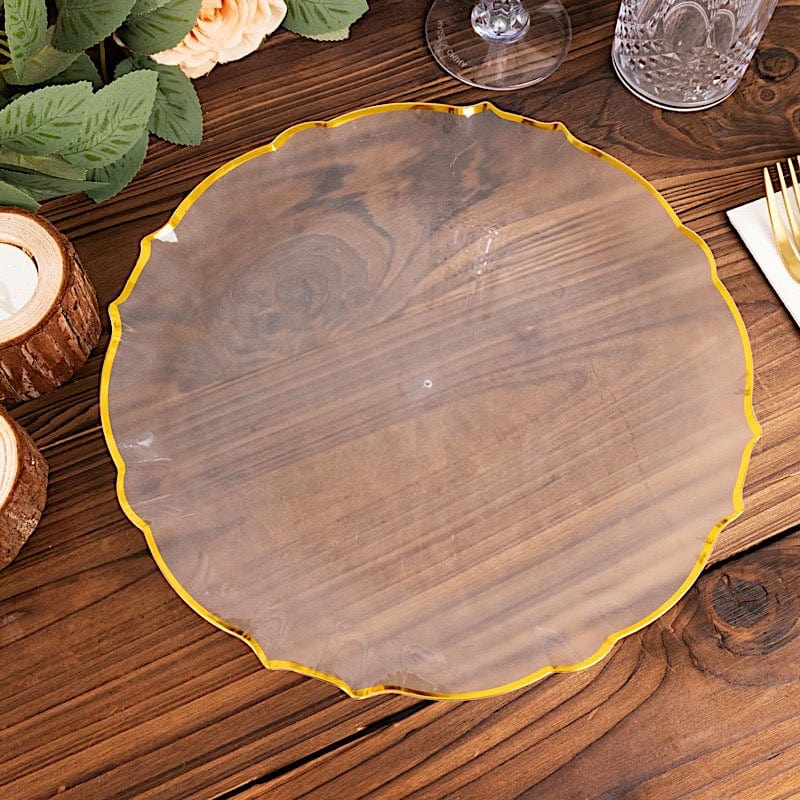 10 Clear Sunflower Plastic Dessert Appetizer Plates with Gold Scalloped Rim