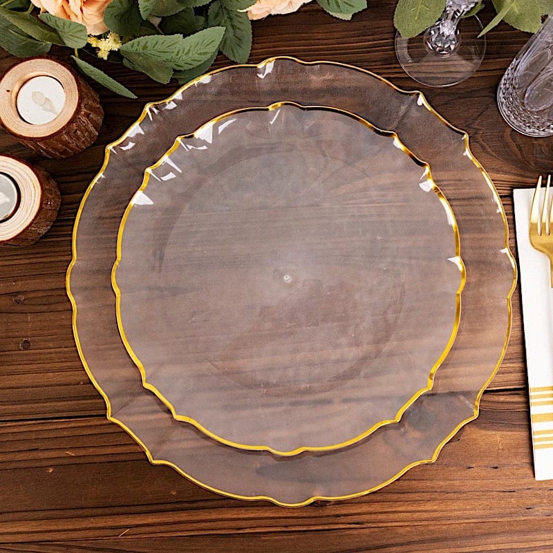 10 Clear Sunflower Plastic Dessert Appetizer Plates with Gold Scalloped Rim