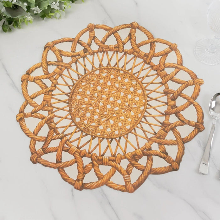 10 Disposable 16" Paper Placemats with Rattan Weave Print and Scalloped Rim - Brown DSP_CHRG_WAV01_BRN