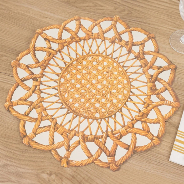 10 Disposable 16" Paper Placemats with Rattan Weave Print and Scalloped Rim - Brown DSP_CHRG_WAV01_BRN