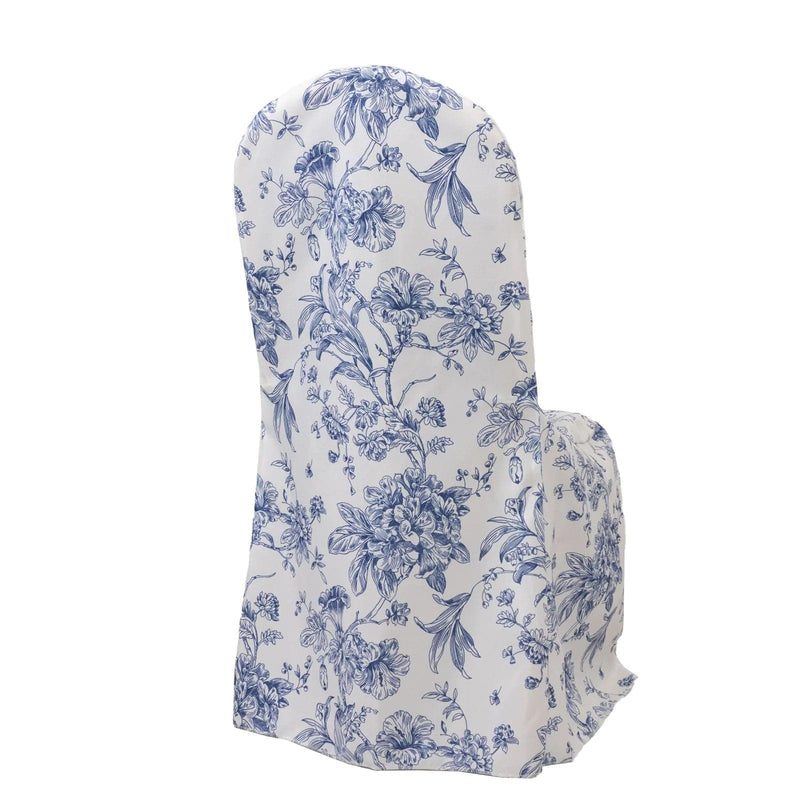 10 French Toile Floral Polyester Banquet Chair Covers CHAIR_BANQ_FLORFT_BLUE_PK10