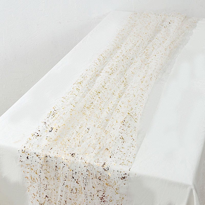 10 ft Metallic Glitter Sheer Chiffon Table Runner - White and Gold RUN_MET12_10FT_WHGD