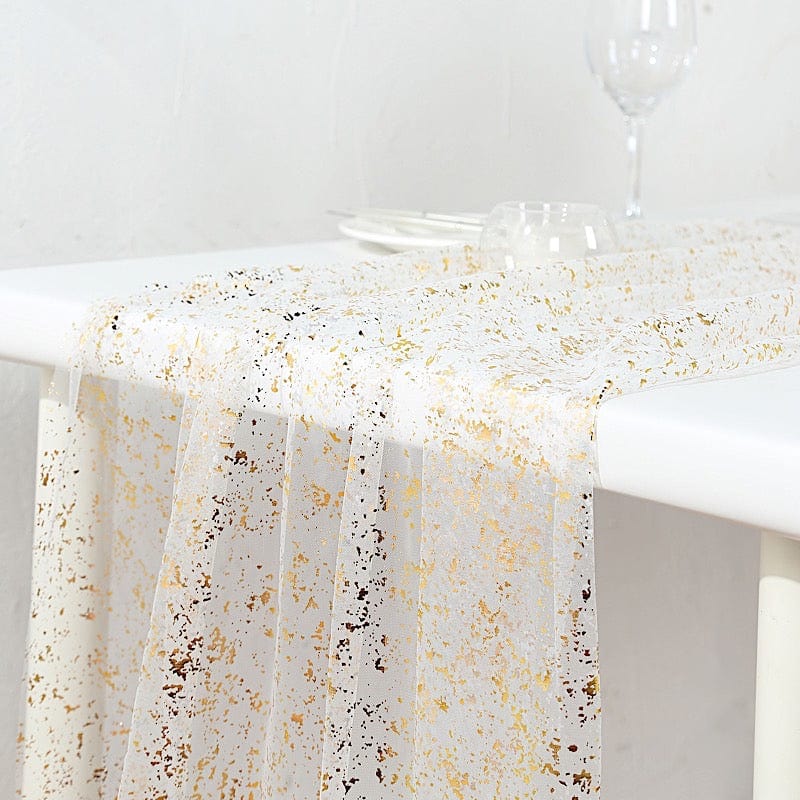 10 ft Metallic Glitter Sheer Chiffon Table Runner - White and Gold RUN_MET12_10FT_WHGD