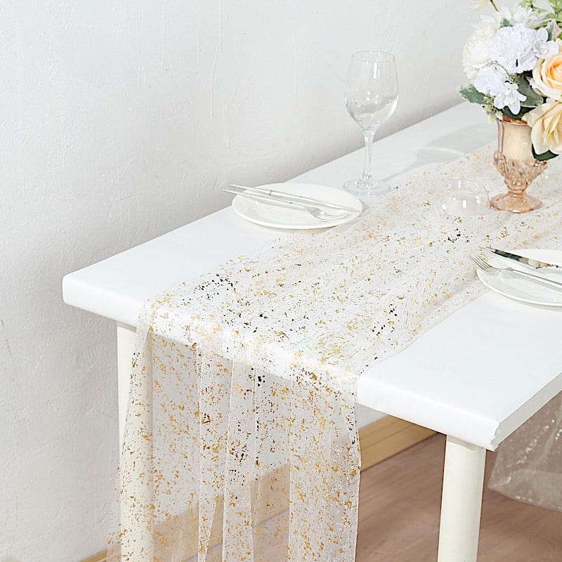 10 ft Metallic Glitter Sheer Chiffon Table Runner - White and Gold RUN_MET12_10FT_WHGD