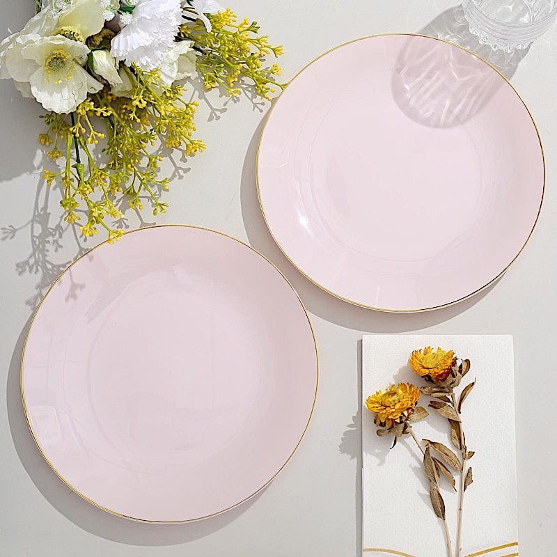 10 Glossy Round Plastic Salad and Dinner Plates with Gold Rim - Disposable Tableware