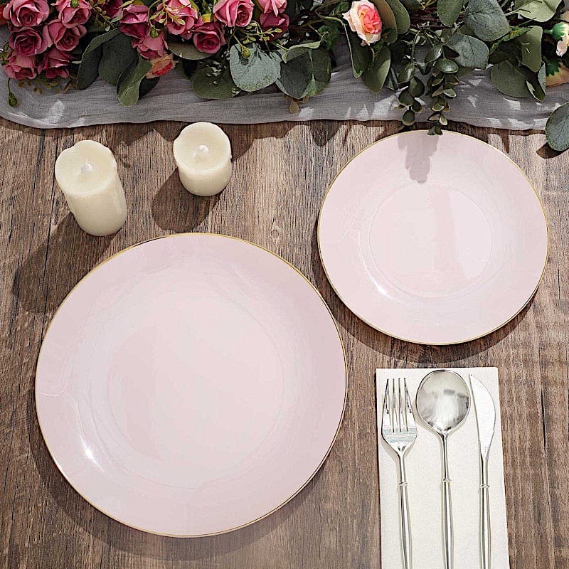 10 Glossy Round Plastic Salad and Dinner Plates with Gold Rim - Disposable Tableware