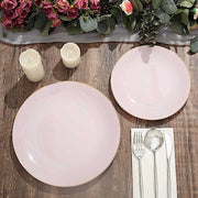 10 Glossy Round Plastic Salad and Dinner Plates with Gold Rim - Disposable Tableware