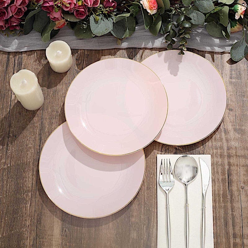 10 Glossy Round Plastic Salad and Dinner Plates with Gold Rim - Disposable Tableware