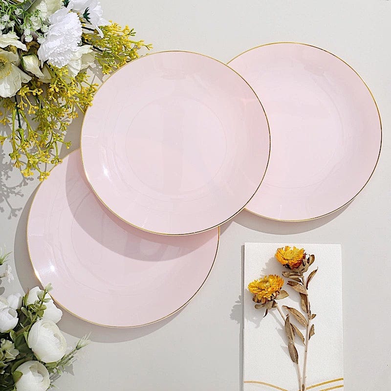 10 Glossy Round Plastic Salad and Dinner Plates with Gold Rim - Disposable Tableware