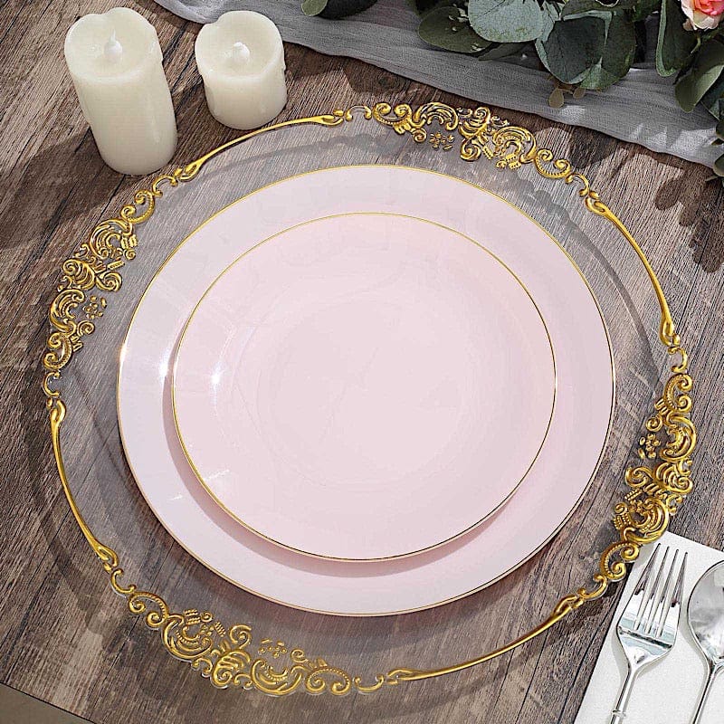 10 Glossy Round Plastic Salad and Dinner Plates with Gold Rim - Disposable Tableware