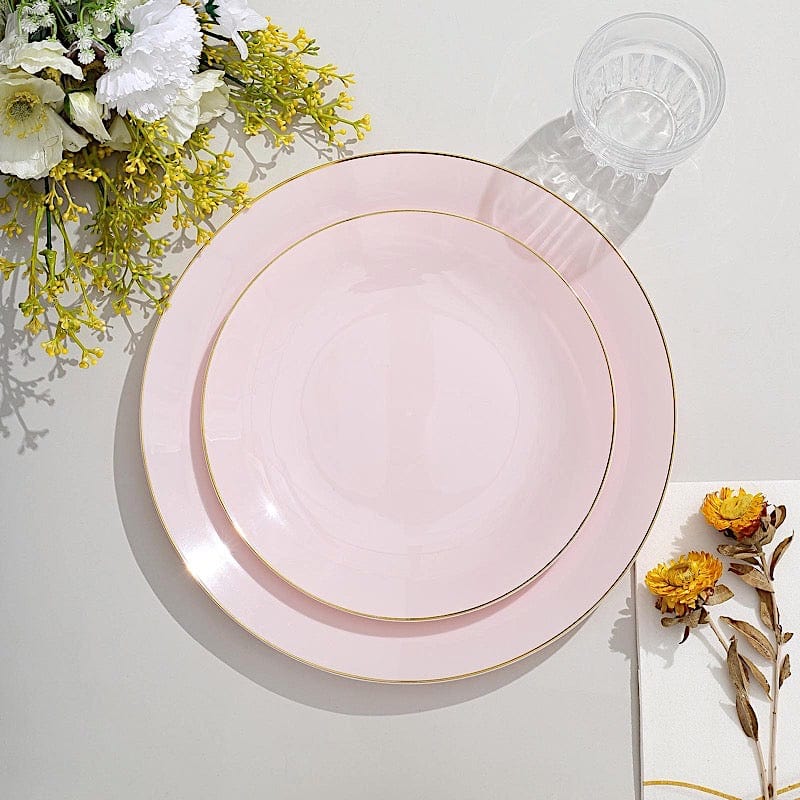10 Glossy Round Plastic Salad and Dinner Plates with Gold Rim - Disposable Tableware