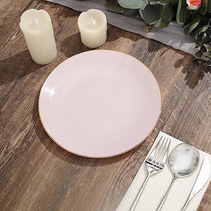 10 Glossy Round Plastic Salad and Dinner Plates with Gold Rim - Disposable Tableware