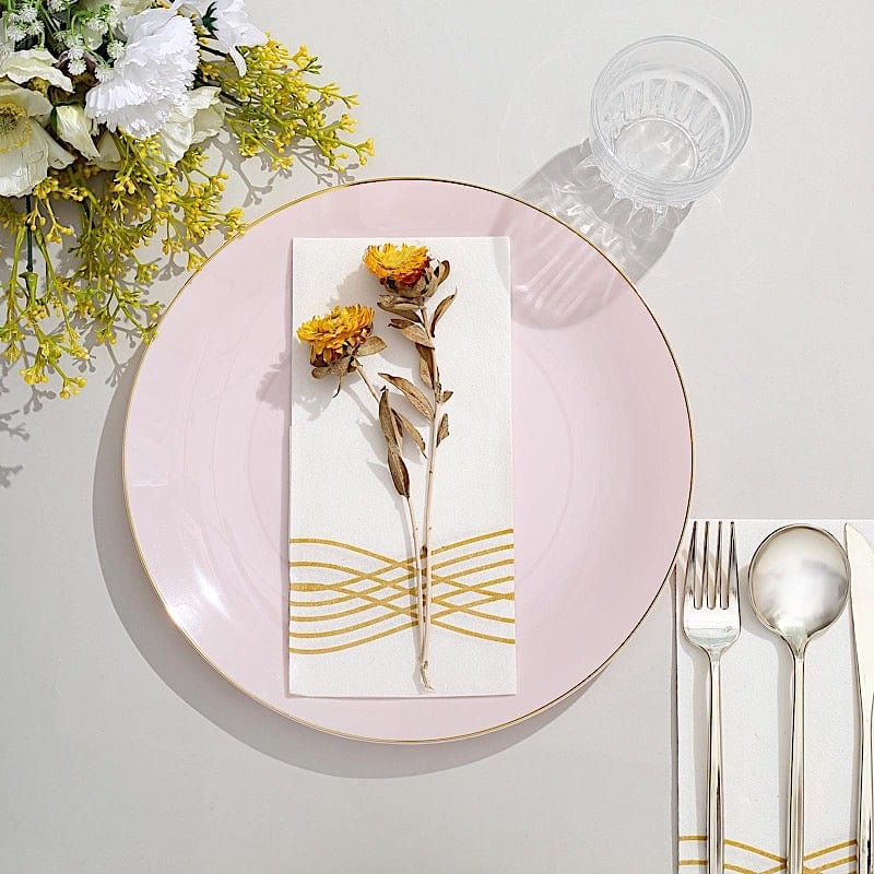 10 Glossy Round Plastic Salad and Dinner Plates with Gold Rim - Disposable Tableware