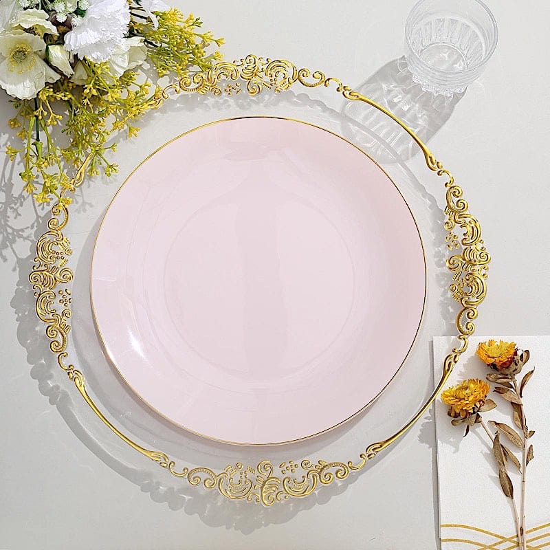 10 Glossy Round Plastic Salad and Dinner Plates with Gold Rim - Disposable Tableware