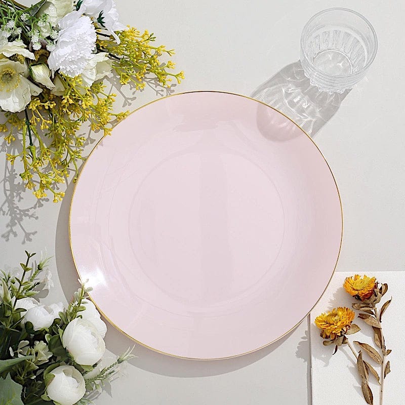 10 Glossy Round Plastic Salad and Dinner Plates with Gold Rim - Disposable Tableware