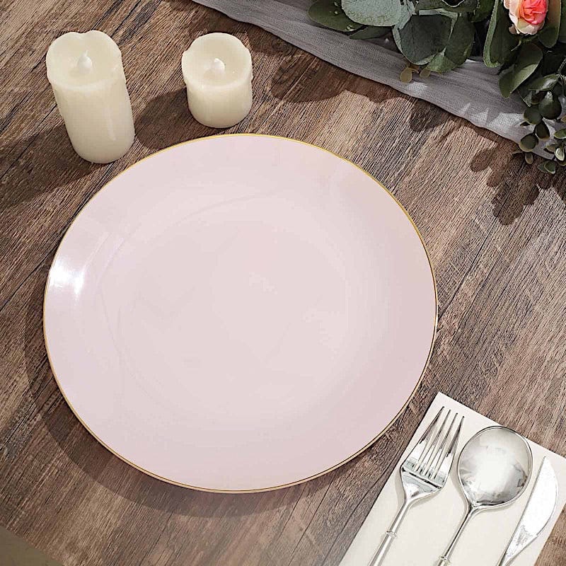 10 Glossy Round Plastic Salad and Dinner Plates with Gold Rim - Disposable Tableware
