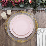 10 Glossy Round Plastic Salad and Dinner Plates with Gold Rim - Disposable Tableware