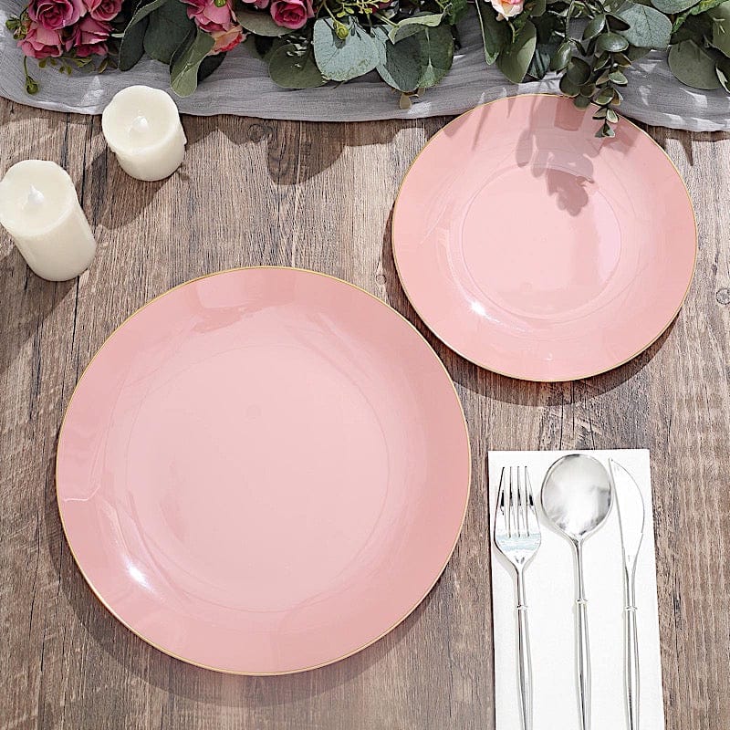 10 Glossy Round Plastic Salad and Dinner Plates with Gold Rim - Disposable Tableware