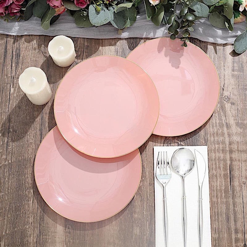 10 Glossy Round Plastic Salad and Dinner Plates with Gold Rim - Disposable Tableware